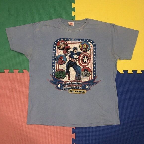 Marvel Other - Y2K Marvel Captain America Hulk Thor Spiderman Iron Man Faded Blue T-shirt Sz L